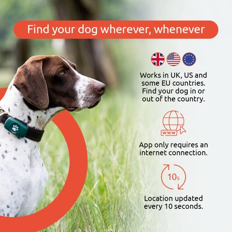 Find your dog wherever, whenever. Works in UK, US and some EU countries. Find your dog in or out of the country. App only requires an internet connection. Location updates every 10 seconds.