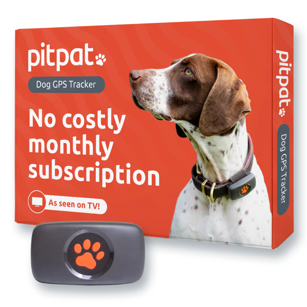 Black PitPat Dog GPS Tracker with packaging saying "No costly monthly subscription" & "As seen on TV"