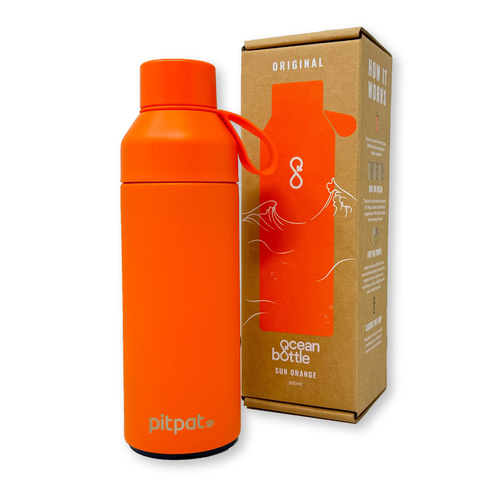 Sun Orange Ocean Bottle, reusable bottle, engraved with PitPat logo. Comes with recyclable presentation box.