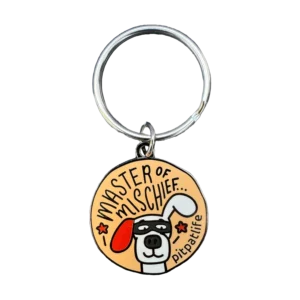 Hard enamel dog tag with master of mischief design