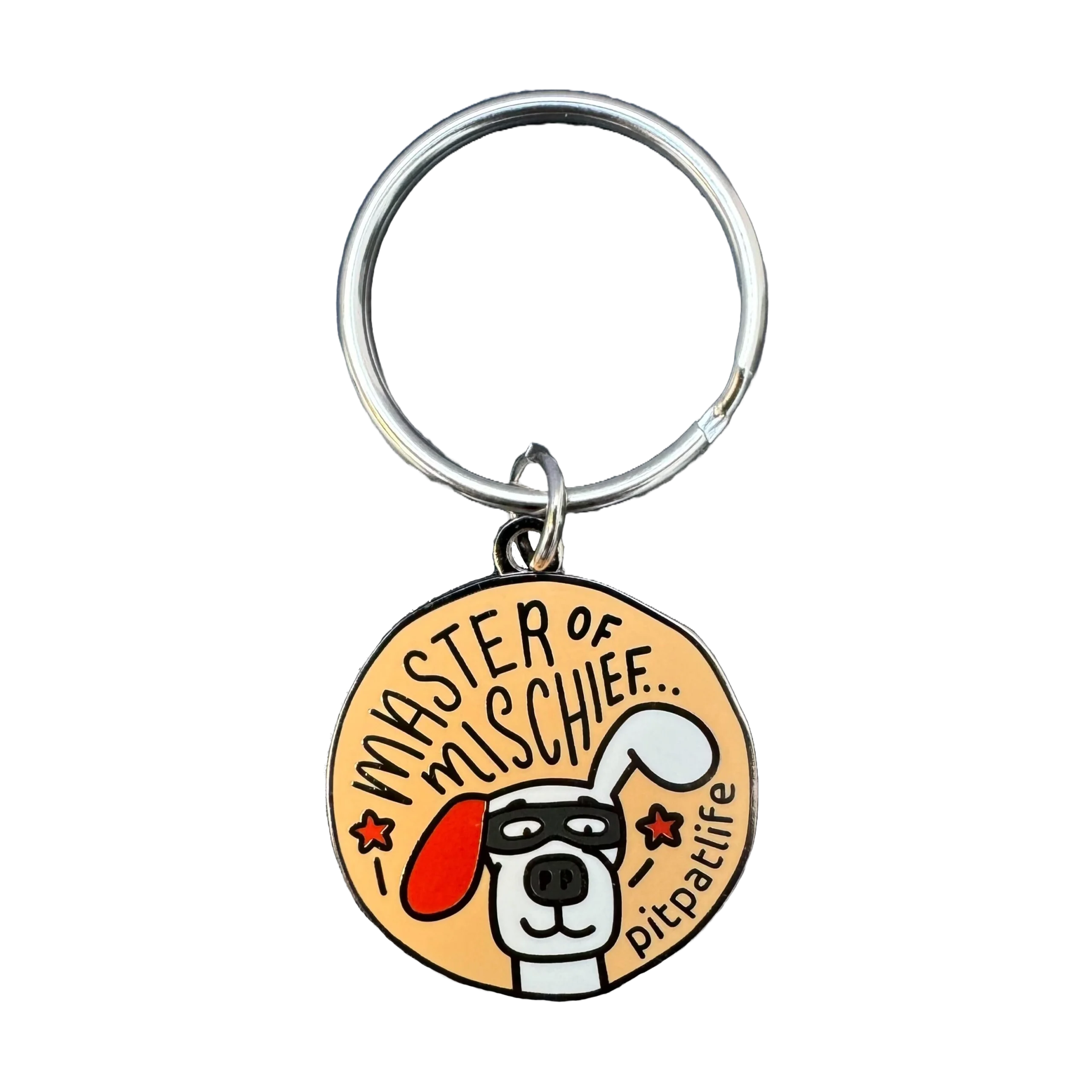 Hard enamel dog tag with master of mischief design